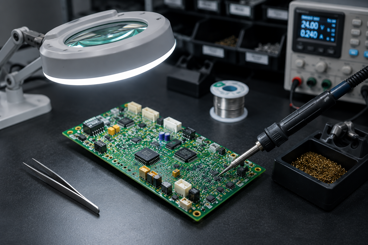 Electronics workbench with PCB repair tools