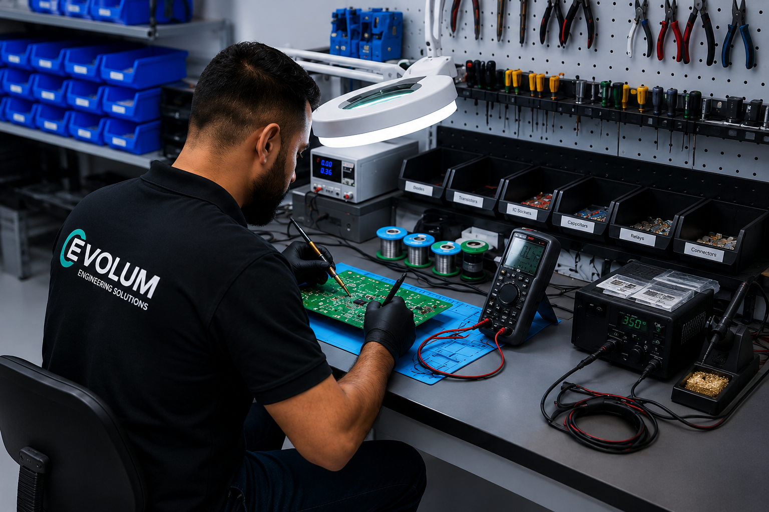 Electronics technician at workbench
